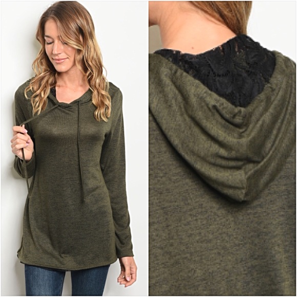 Gorgeous Olive & Lace Tunic Hoodie Top SML - Picture 2 of 7